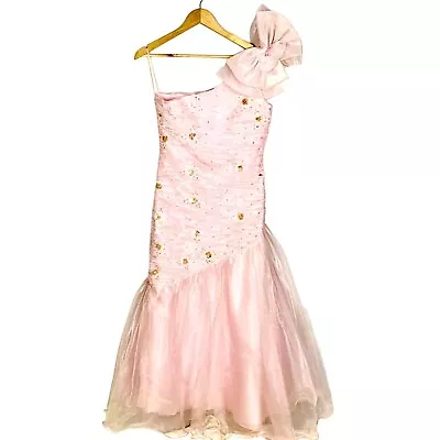 VTG 80s Nadine One Shoulder Gown Sequins Tulle Bow Pink Size 12 Shirred Sequins • $50