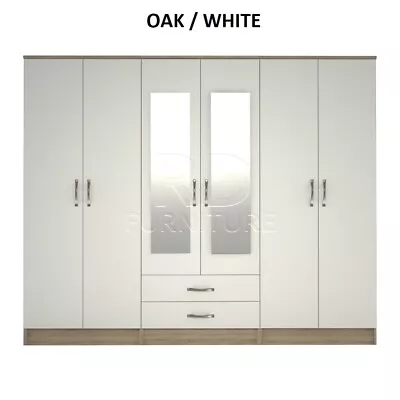 6 Door 2 Drawers Mirrored Wardrobe - Oak/White • £499.99