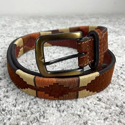 Polo Belt Men Size 42 105 Suede Leather Brown Embroidered Geometric Southwestern • $58.89