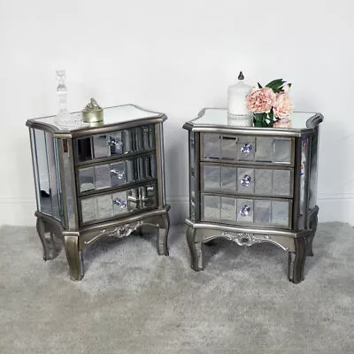 Pair Mirrored Bedside Tables Bedroom Living Room Furniture French Shabby Chic • £292.95