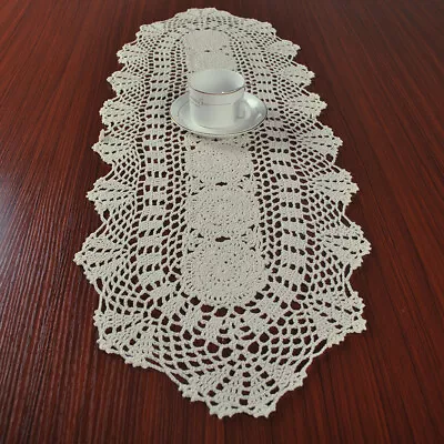 11 X35  Vintage Cotton Hand Crochet Lace Oval Table Runner Doilies Dresser Scarf • $10.99