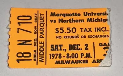 12/2/78 Marquette Northern Michigan NCAA Basketball Ticket Stub Milwaukee Arena • $18.74