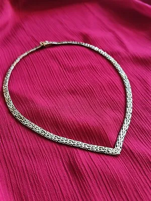 Wonderful Vintage Italian V-Shaped 3 Colour 925 Sterling Silver Textured Necklac • £95