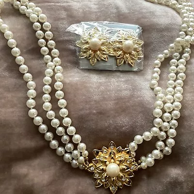 Vintage Faux Pearl 3 Strand 27” Necklace And Matching Earrings Detachable Brooch • $40