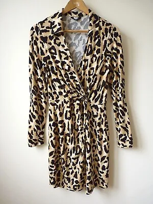 £12 • Buy Ex New Look Beige+Black Leopard Print Collared Wrap Jersey Mini Dress Size 8-16
