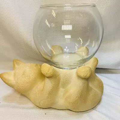 Royal Haeger Cat With Fish Bowl Holder Textured Ceramic Kitten Off-White Vtg • $31.99