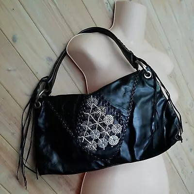 Via Spiga Black Leather Hobo Shoulder  Hangbag Purse Silver  Coins  Tassels NWOT • $37.90