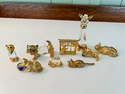 Lot Of 9 Miniature Crystal And Brass Cat Kitten Feline Figurines • $40