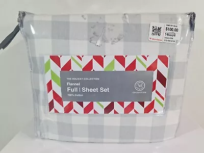 Martha Stewart Cotton Flannel Holiday Check FULL Sheet Set Gray NEW • $84.99