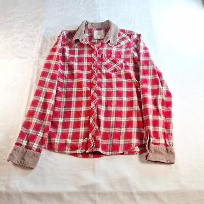 I Love H81 Women's Medium Flannel Shirt Red Plaid Collar Snap Up Long Sleeves • $12