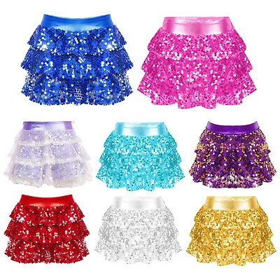 Girls Sparkle Dance Skirt Sequins Tiered Ruffle Mini Skorts Jazz Hip Hop Shorts • £9.50