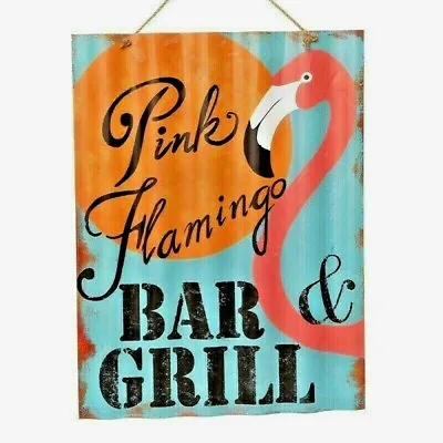 Pink Flamingo Bar & Grill Corrugated Vintage-style Shabby Chic Tin Sign - Large • £12.95