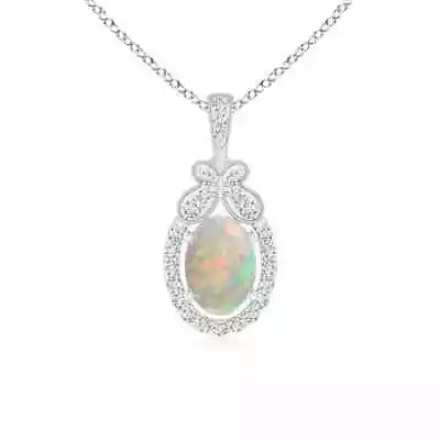 ANGARA Floating Opal And Diamond Halo Pendant With Butterfly Motif In 14K Gold • $929