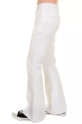 Mens 60s 70s Vintage Retro Presley White Cotton Twill Bell Bottom Trousers • $37.88