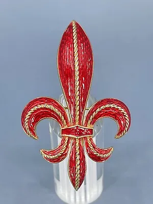 Vintage Crown Trifari Brooch Pin Fleur De Lis Red Enamel Gold Tone Signed • $159.95