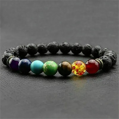 £3.99 • Buy 7 Chakra Crystal Lava Stones Bracelet Healing Beads Jewellery Mala Reiki Anxiety