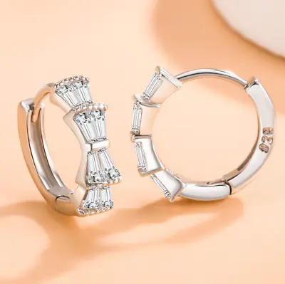 Women 925 Sterling Silver Baguette Clear CZ Huggie Hoop Earrings 14x4mm Gift PE2 • $5.95