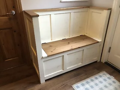 £300 • Buy Solid Rustic Pine Monks Bench / Hall Seat With Shoe Storage /settle.Cream Finish