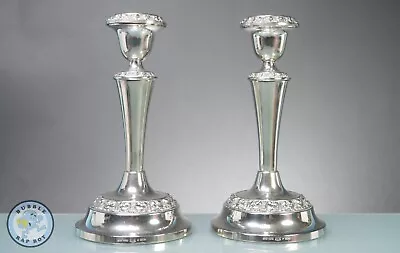 TWO 7  INCH CANDLESTICKS SILVER PLATED CLASSICALLY ORNATE ANTIQUE STYLE 1960's • £34.95
