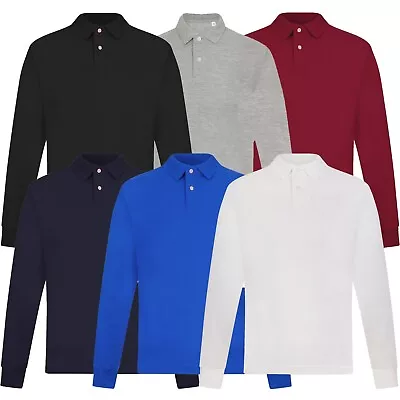 Mens Long Sleeve Polo Shirt Casual Top 2 Button Collared Pique Lightweight • £1.99
