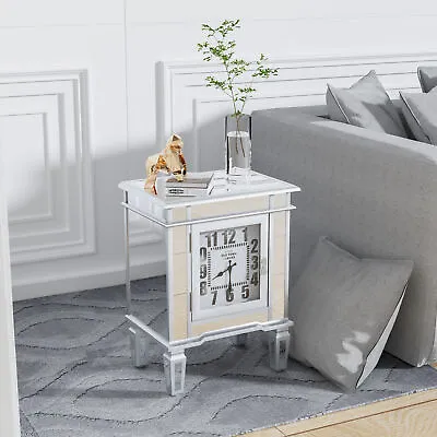 Modern Glass Nightstand Mirrored End Table With Clock Sofa Side Storage Cabinet • £119.96