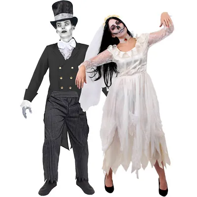 Couples Ghost Bride And Groom Costumes Halloween Fancy Dress His Hers Zombie • £44.99