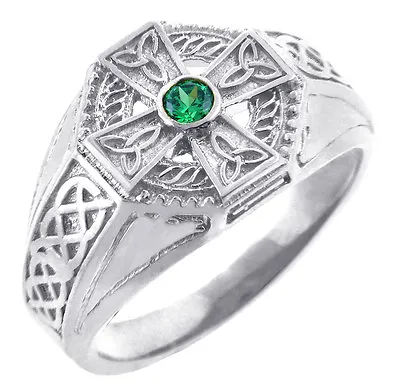 Men's 925 Sterling Silver Celtic Cross Ring Green CZ Center And Trinity Band • $57.59