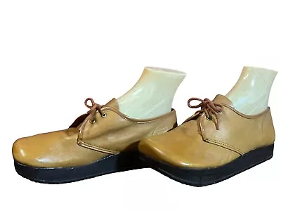 NOS 7.5 M Vtg 70s Platform Shoe Earth Oxford Hippie Boho Leather  Caramel Brown • $49.99