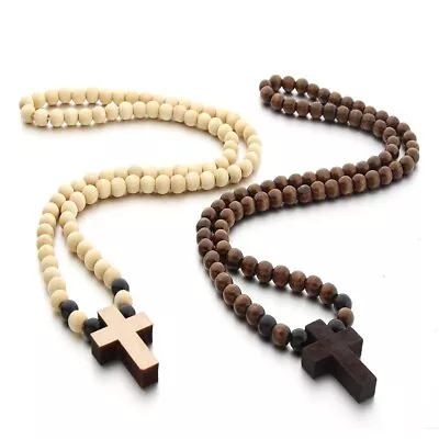 Mens Small Cross Wood Pedant Christian Religious Necklace Wooden Ball Chain 26  • $13.99
