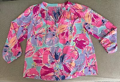 Lily Pulitzer Elsa Blouse 100% Silk Bright Floral XL • $36.50