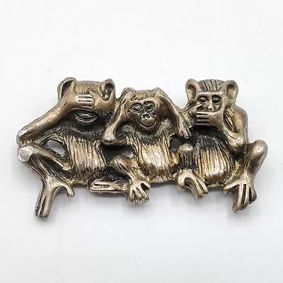 VTG 925 Sterling Silver Monkeys See No Evil Hear No Evil Speak No Evil Brooch • $10.50