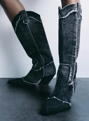 $134.17 • Buy Zara Rhinestone Denim Cowboy Boots Black New Aw23 All Size Ref. 3050/210