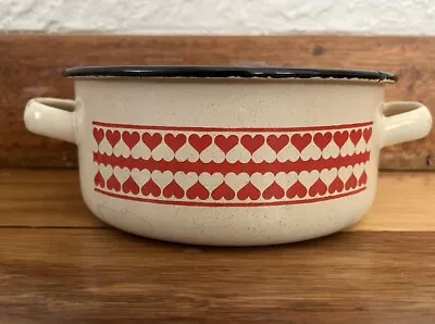 Vintage Retro Small Enamel Pot Handles Heart Cream Black Red Gorica Yugoslavia • $25