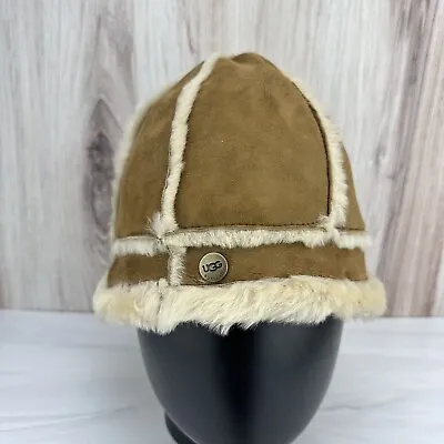 UGG SHEEPSKIN HAT Tan Australia Suede Sherpa Bucket Winter Cap One Size • $54.95