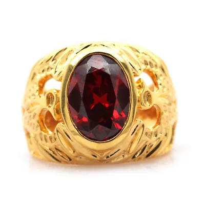 14K Yellow Gold Plated Sterling Silver Oval Simulated Ruby Solitare Ring • $329.60