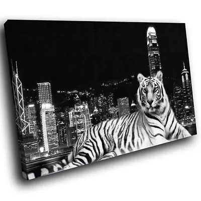 A040 Black White Tiger City Collage Animal Canvas Wall Art Large Picture Prints • £19.99