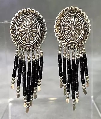 Vintage QT Earrings Onyx Dangles Sterling Silver Quoc • $39.99