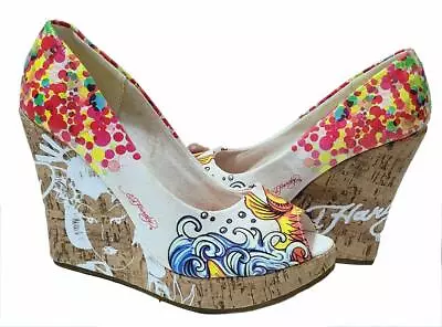 ED HARDY Womens Peep Toe KOI FISH CORK 4.5  WEDGE PUMPS   NEW 7 • $22.99