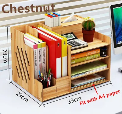 $35.99 • Buy Office Desk Wooden A4 Size File Organiser Brush Storage Container Pen Holder DIY