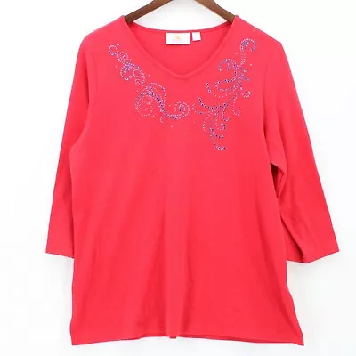 Quacker Factory Blouse Tunic Womens Red Pullover 3/4 Sleeve Size Large L • $19.47