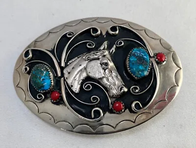 Vintage Nickel Silver Turquoise & Coral South Western Belt Buckle Horse Head • $9.95