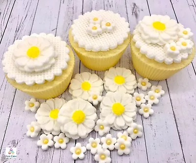 60 Edible White & Yellow Fondant Sugar Flowers Daisies Cake Toppers Birthday • £8.99