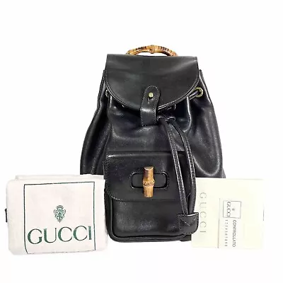 Excellent Vintage Gucci Bamboo Backpack Drawstring Bag Black Leather Purse GG • $549