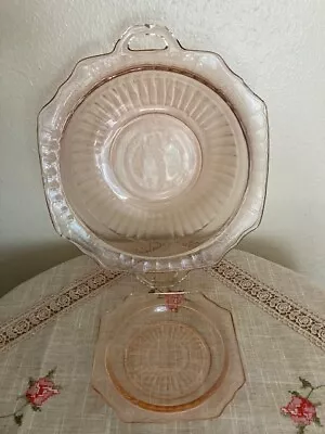 Anchor Hocking Pink Depression Glass Mayfair Open Rose Bowl W 2-Handle & Saucer • $23.75