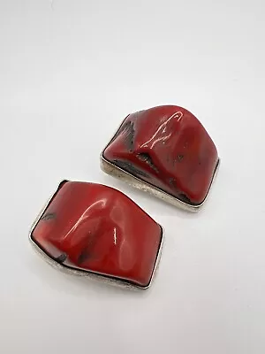 Vintage Sterling Silver Red Chunky Coral Earrings Bezel Set 1 1/8  925 32 G • $60