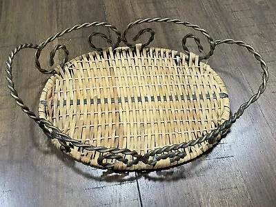 Vintage Wicker Boho Serving Tray/Basket With Metal Swirl Handles 14”Wx8.5”L EUC • $18