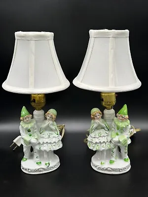 Vintage Pair 1950s Boudoir Porcelain Lamps Japan Figures Pierrot Clown  • $55