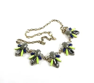 J CREW Statement Necklace Blue Green Rhinestone Floral Gold Tone • $12.62