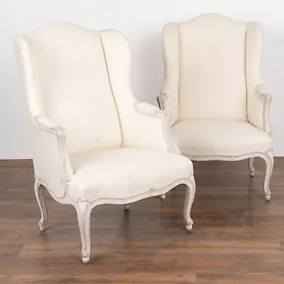 Pair Swedish White Painted Wingback Arm Chairs Circa 1910 • $3500