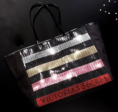 Victoria's Secret Black Sequin Stripe Weekender Bag Getaway Carry On Large Tote • $24.99